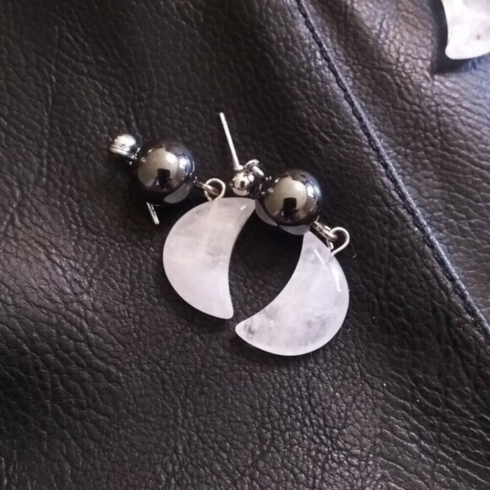 Emotional Balance: Handmade Quartz Moon & Hematite Dangle Earrings - Picture 4 of 10